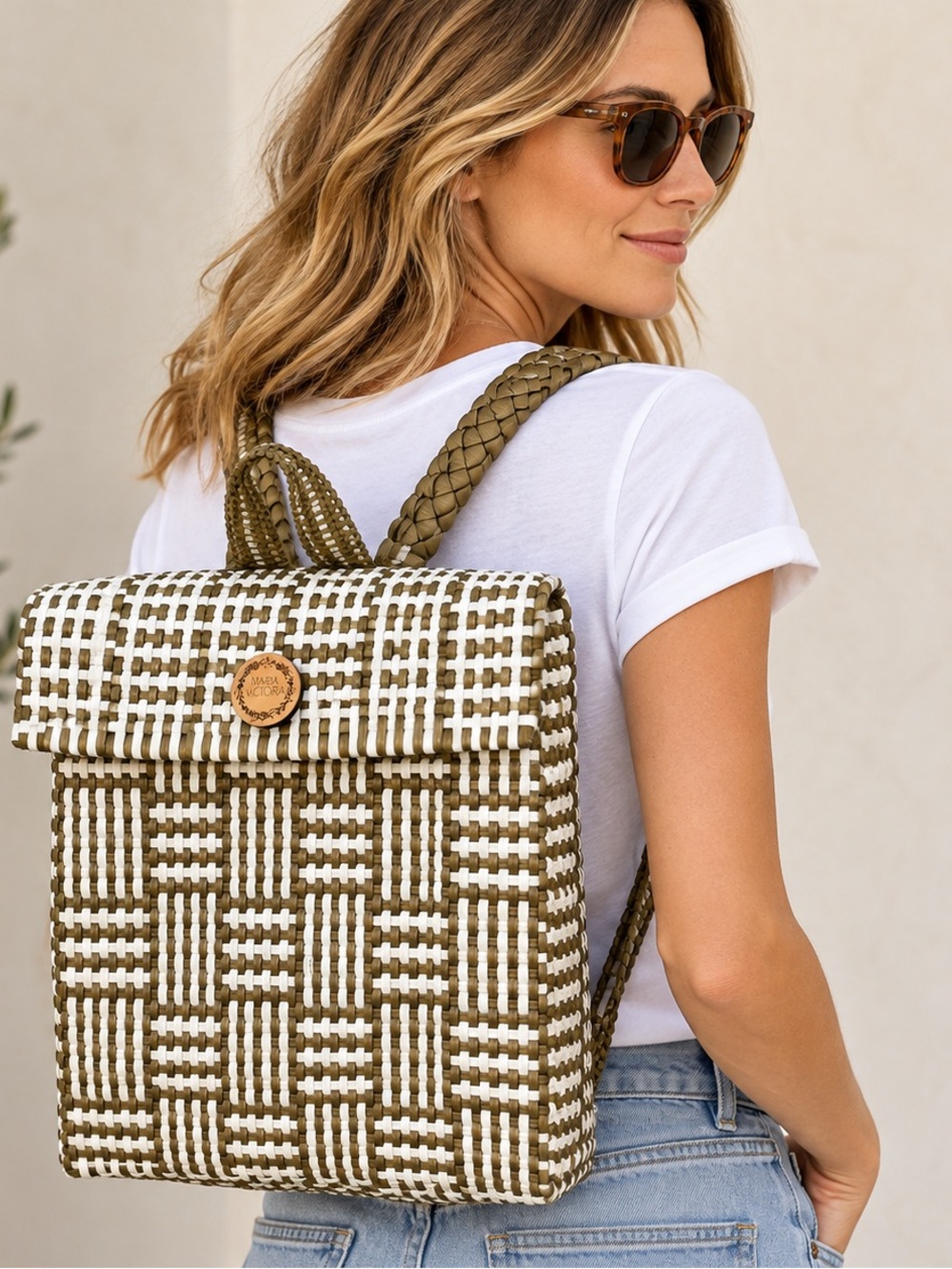 Maria Victoria Handwoven Recycled Plastic Backpack Gold White Geometric